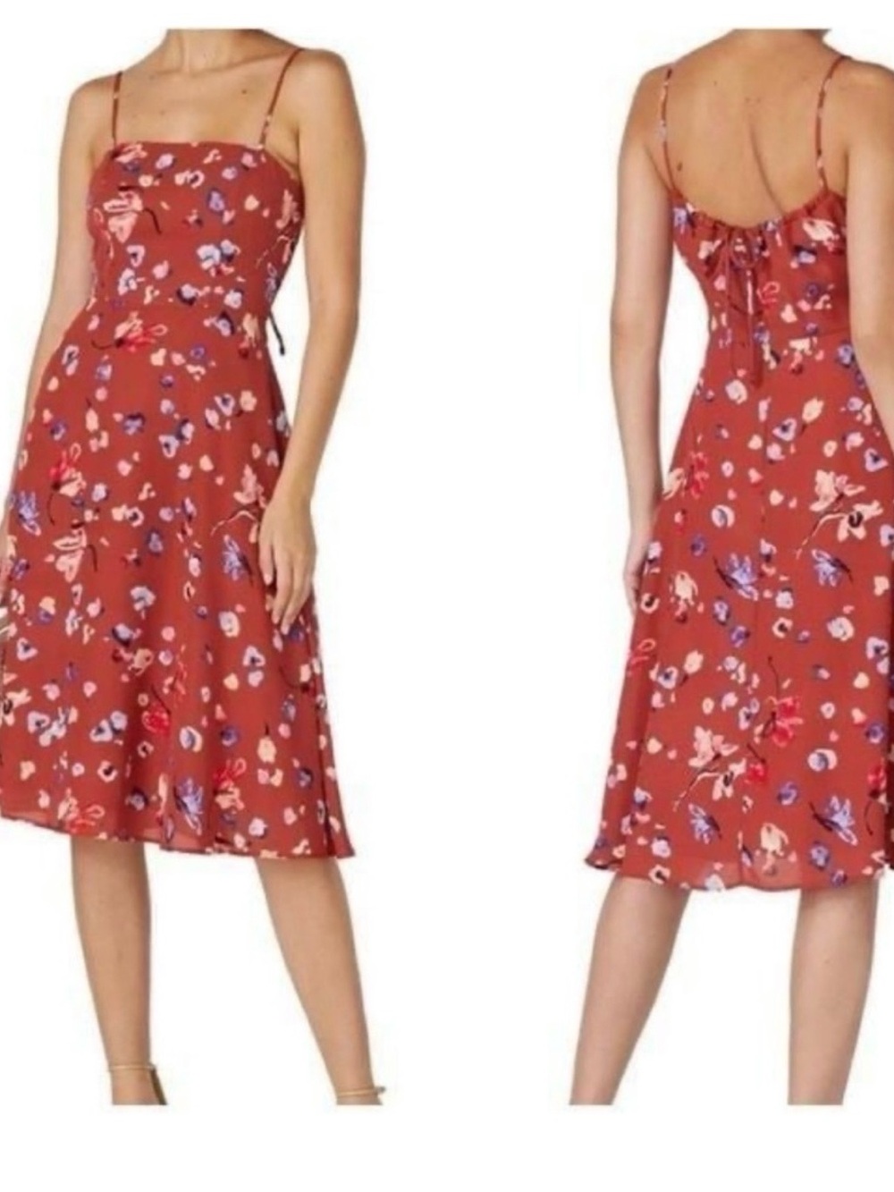 Hutch Rust Red Floral Midi Slip Dress with Spaghetti Straps